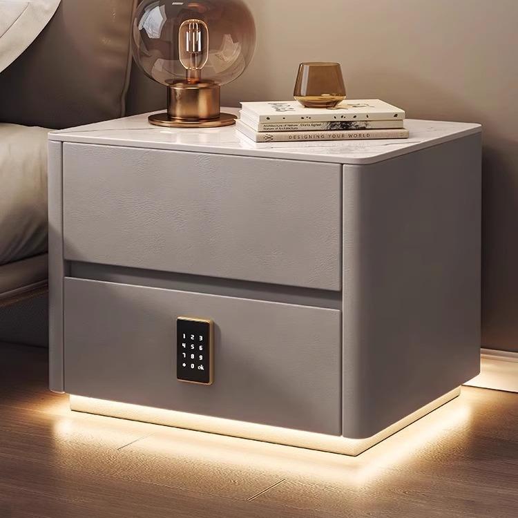 床头柜带锁奶油风卧室简约现代轻奢高级感智能感应灯床边收纳柜子