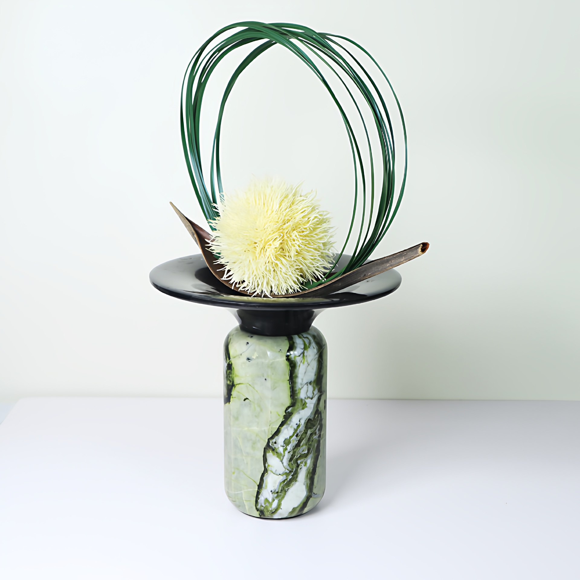 现代新中式天然大理石绿色喇叭花器盆景创意摆件桌面装饰品样板间