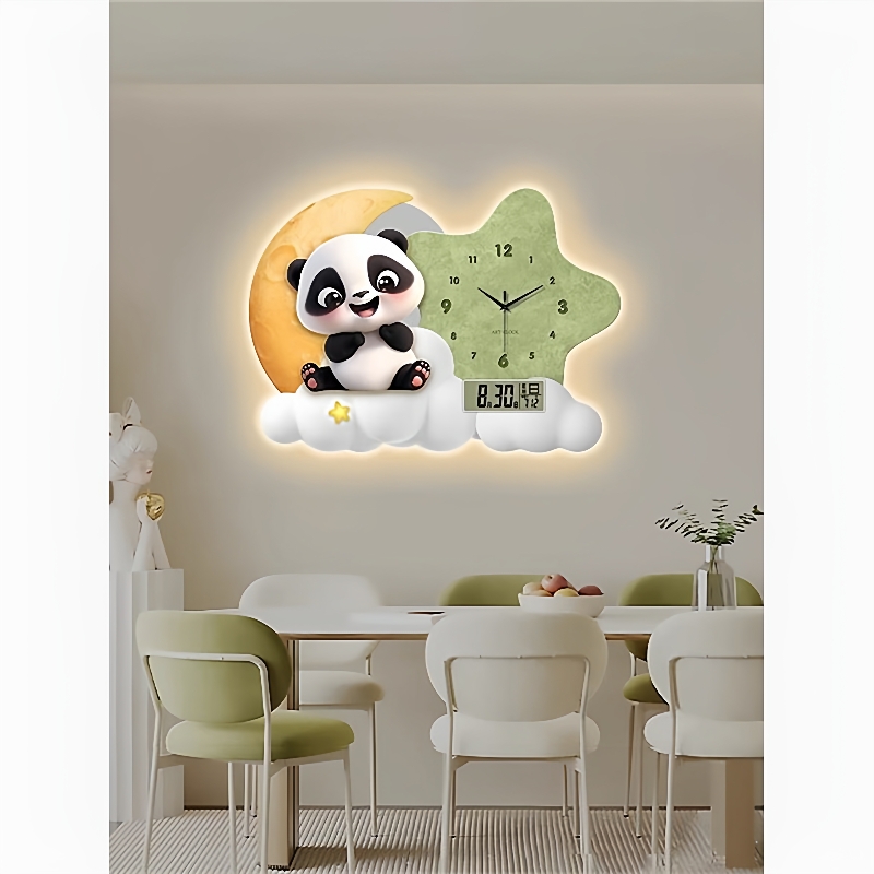 熊猫万年历电子钟表挂钟客餐厅儿童房卡通装饰画表挂墙创意灯时钟
