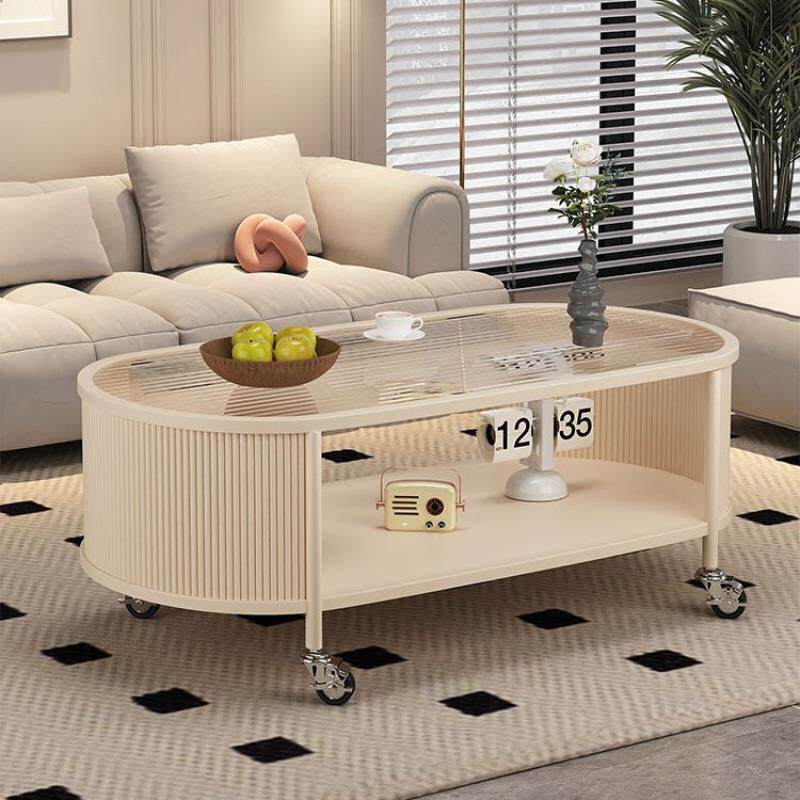 法式奶油移动茶几钢化玻璃客厅家用小户型2024新款椭圆简约小桌子