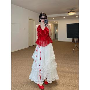 小精灵海边度假风穿搭套装裙绝美复古红色背心花边半身裙两件套夏