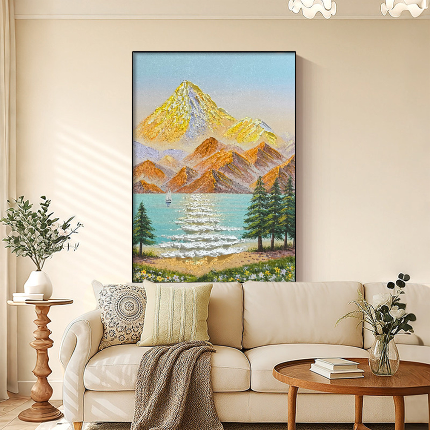 雅调湖山逐光立体手绘成品油画