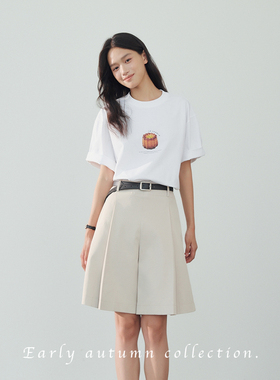 After22“午后咖啡”肌理麻感高腰挺括褶裥阔腿两色西装短裤