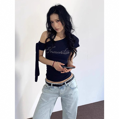 美式辣妹斜肩短袖女夏季