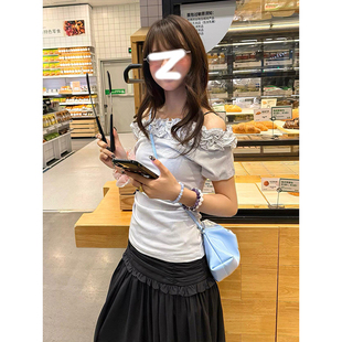修身 美式 多层花边设计感露肩短袖 辣妹斜肩t恤女夏季 显瘦上衣 新款