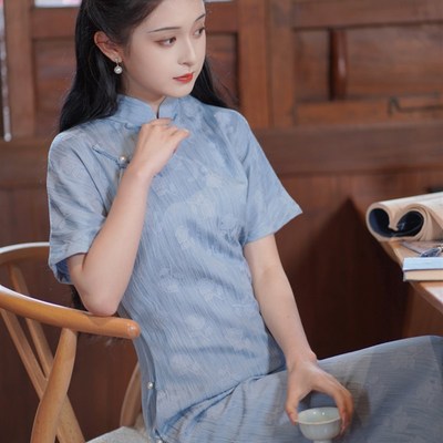 古法全开襟一片式蓝色提花旗袍2024夏季新款新中式年轻款少女长款