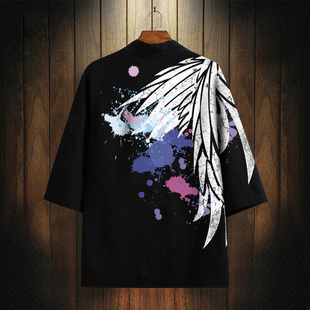 中国风道袍羽织男士夏季衬衫披风外套青年大码汉服男装七分袖唐装