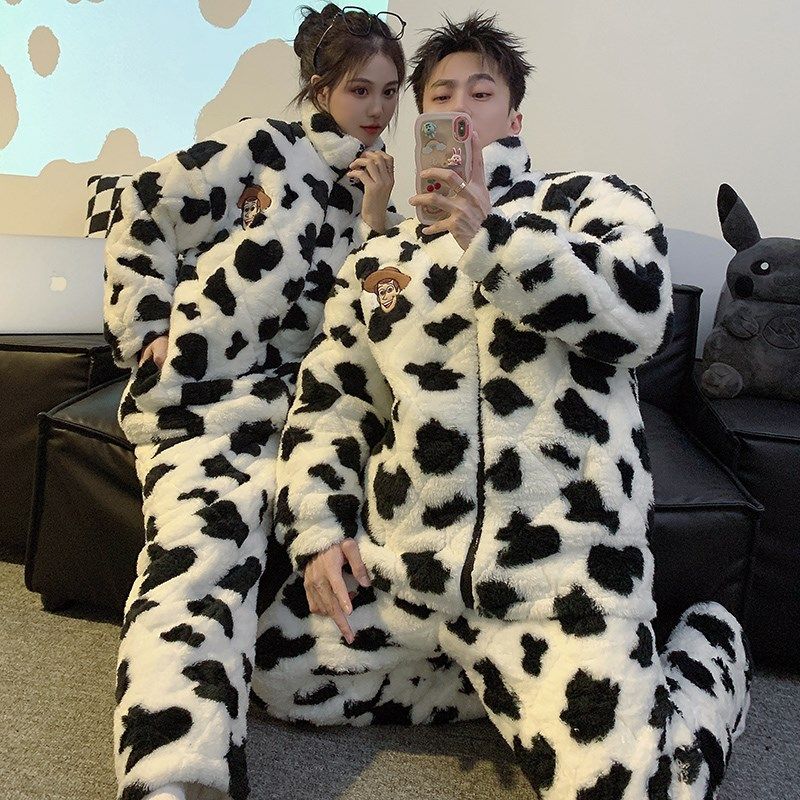 奶牛三层夹棉情侣睡衣冬季珊瑚绒男女加绒加厚保暖超厚家居服套装,女士内衣/男士内衣/家居服,睡衣/家居服套装,淘宝优惠券,粉丝福利购,淘宝优惠卷