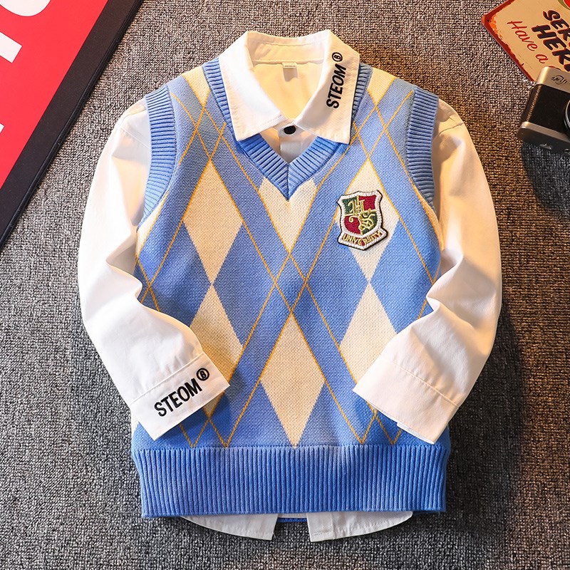 男童毛衣马甲纯棉2024新款中大儿童秋冬装男孩及加绒学院针织背心