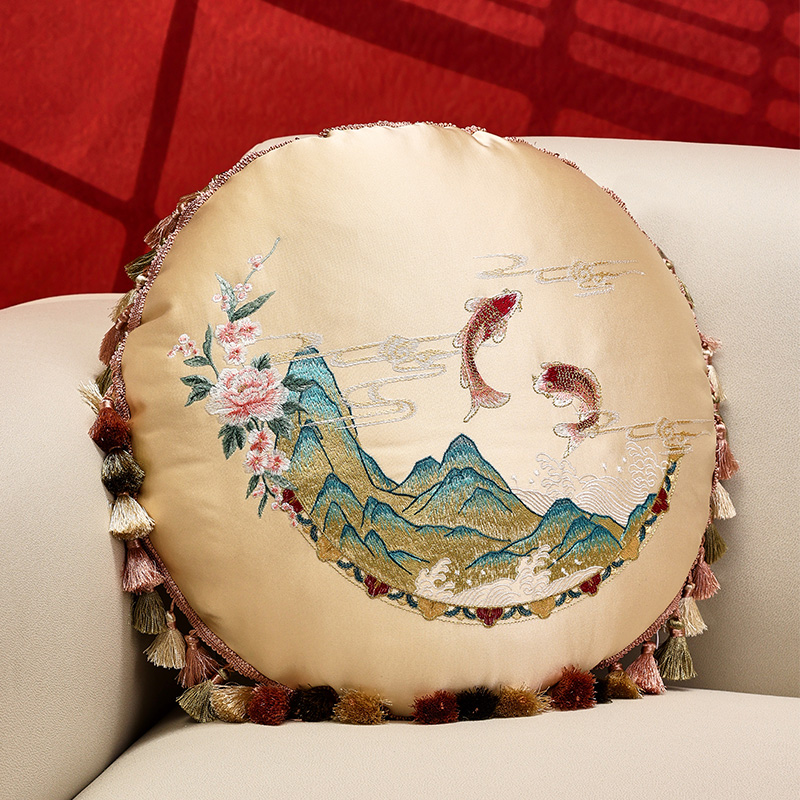 新中式圆形流苏抱枕靠枕高档客厅沙发腰枕靠垫含芯中国风床头靠背