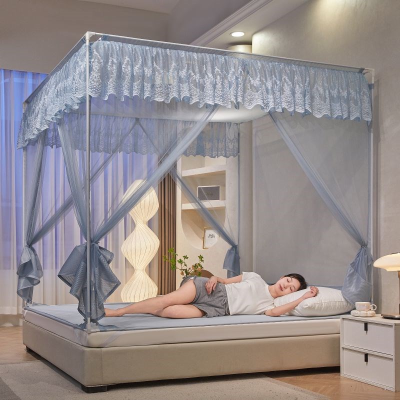 带风扇新款防摔蚊帐T型三开门拉链加密加厚蒙古包全包底家用纹账