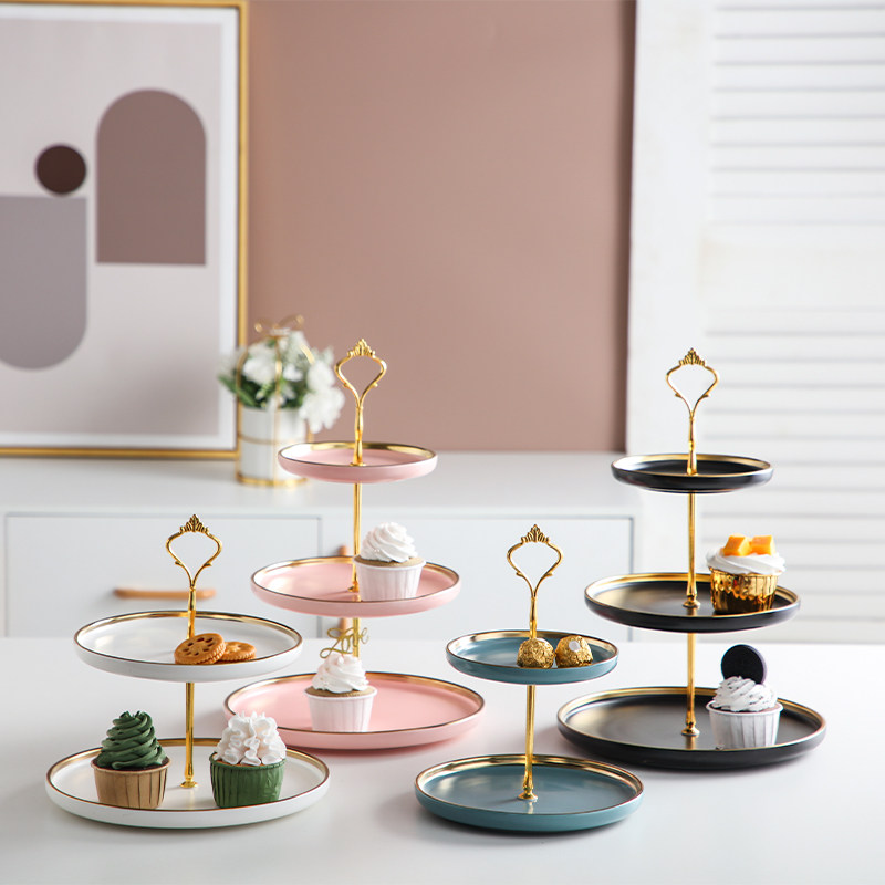 北欧轻奢磨砂金边陶瓷串盘水果点心盘三层干果托盘双层甜品摆盘