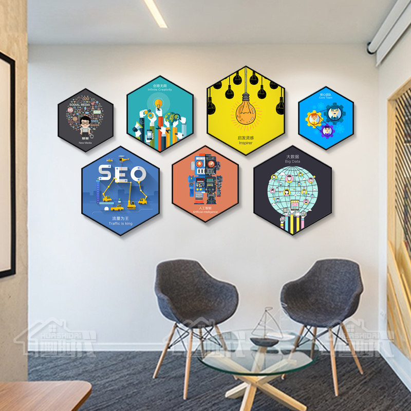 互联网络科技挂画公司办公室装饰画企业文化背景墙标语六边形壁画