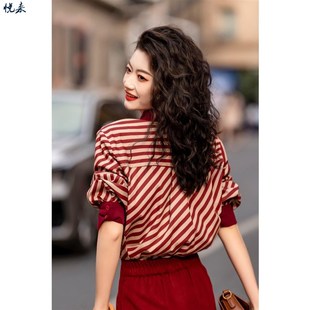 港式复古女装显瘦翻领条纹衬衫设计感长袖红裙港风高级感套装夏装