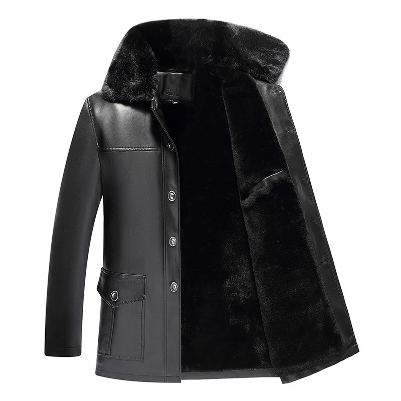 中长款皮衣男士中老年加绒加厚PU皮大衣风衣爸爸装冬款毛领外套