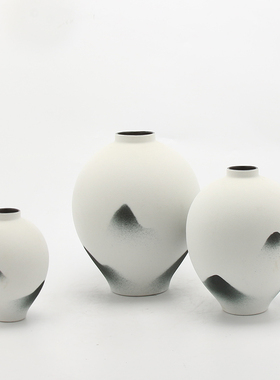 新中式山水墨纹陶瓷花瓶摆件样板房客厅博古架禅意简约花器装饰品