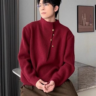 红色重磅880g金属纽扣针织衫男款冬季宽松休闲复古百搭半高领毛衣