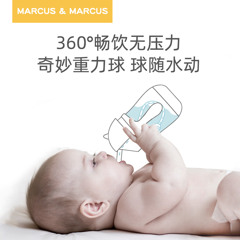 marcus儿童水杯宝宝吸管杯防漏防呛婴儿学饮杯重力球带手柄幼儿园