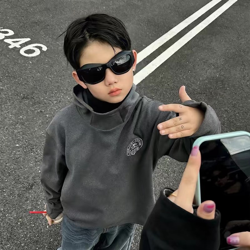 2024冬季新款男童德绒连帽打底衫儿童双面绒保暖插手指内搭上衣潮