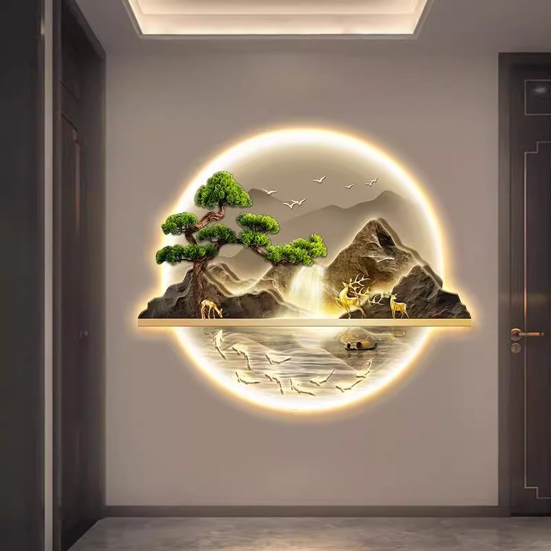 新中式入户玄关装饰画LED带灯山水画客厅走廊过道挂画迎客松壁画