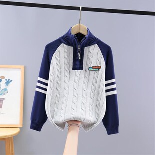 男童毛衣新款纯棉针织衫中大童男孩秋冬款加绒加厚立领拉链打底衫