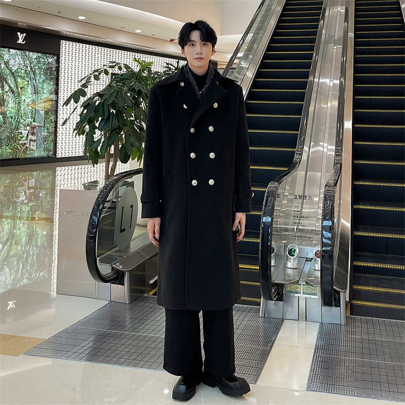 冬季毛呢大衣男中长款过膝风衣商务迎宾工作服暗黑加厚双排扣外套