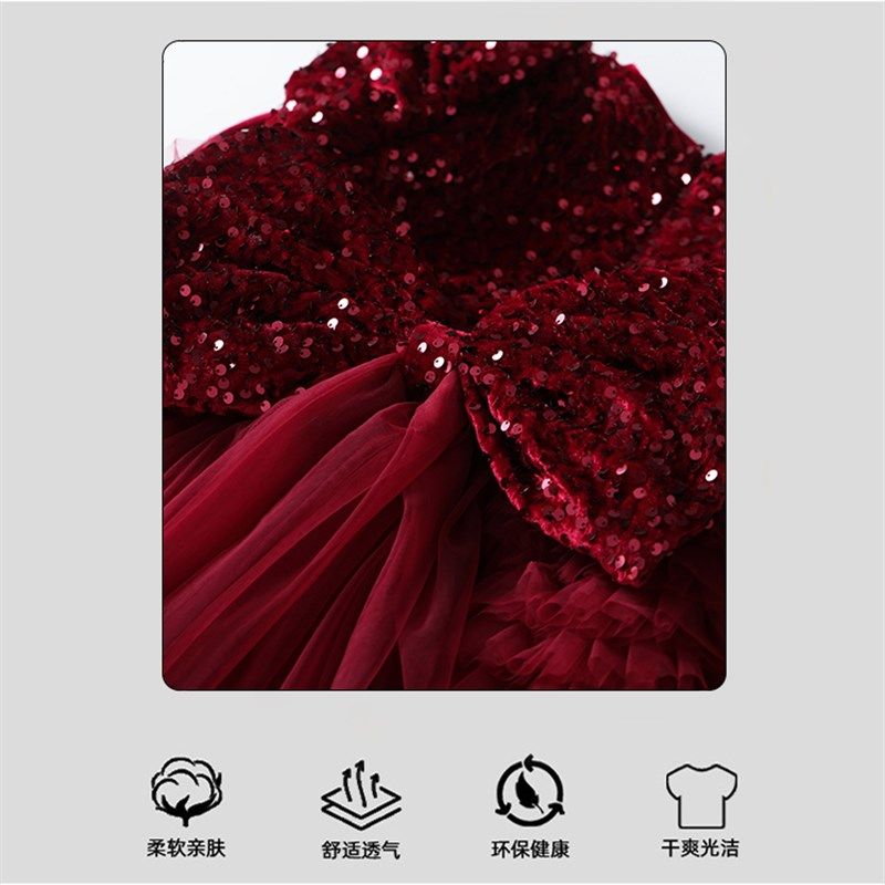 女童红色亮片连衣裙秋冬款高端小女孩新年圣诞公主裙儿童生日礼服