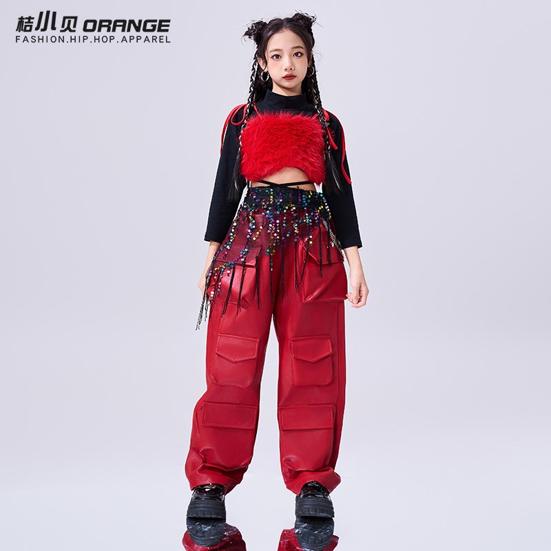 爵士舞女童服装红色元旦儿童舞蹈表演服装潮酷时髦模特走秀演出服