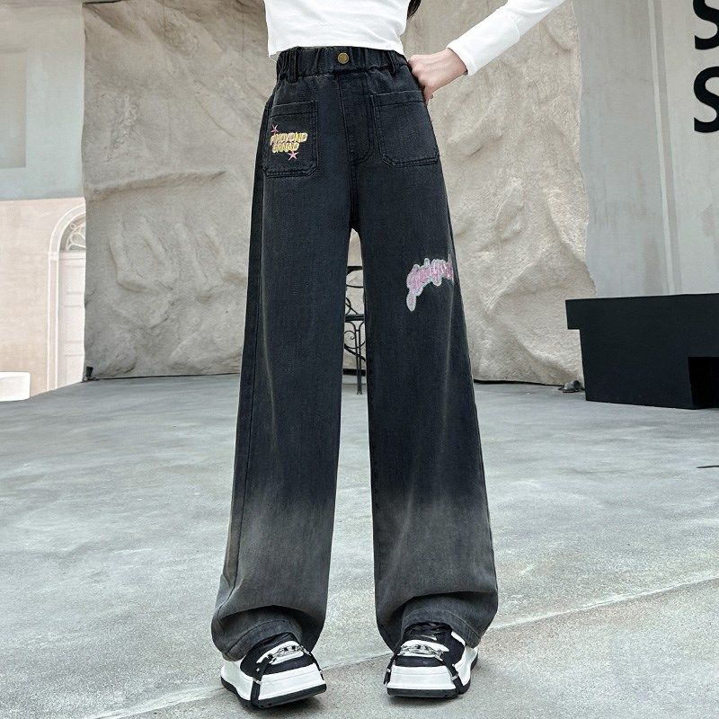 女童牛仔裤春秋款儿童秋装女孩窄版阔腿裤初中生渐变直筒裤子大童