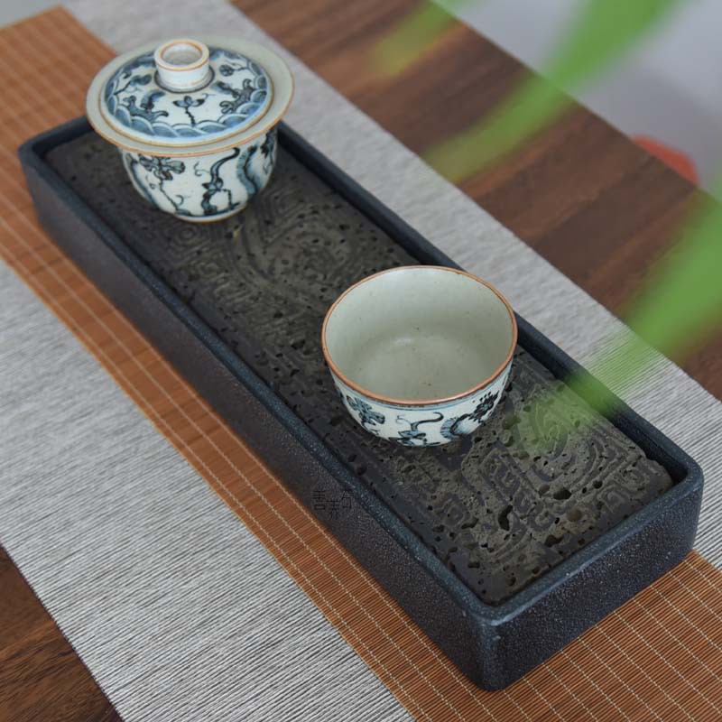 石雕石头茶盘储水古典茶具乌金石小号石槽中国风极简龙纹冷酷高端