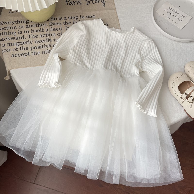春秋款白色裙装小女童宝宝婴儿木耳边网纱纱连衣裙裙子打底裙长袖