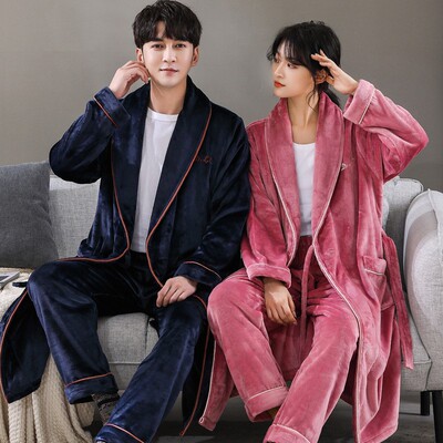 睡衣男士冬天法兰绒情侣睡袍秋冬季长款珊瑚绒浴袍女加绒加厚睡裤