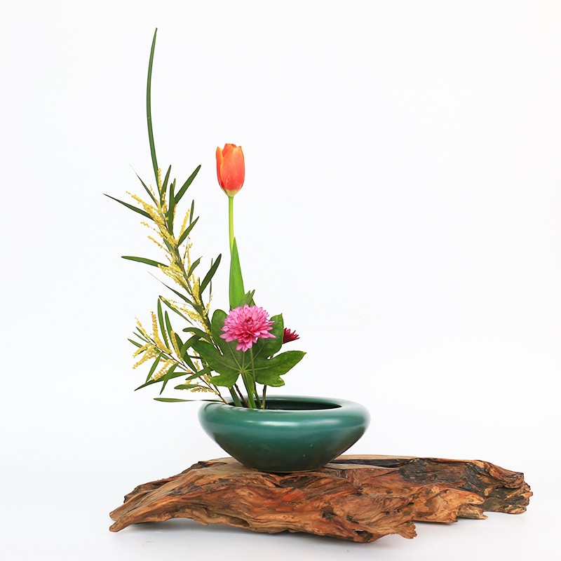 剑山插花器小禅意水盘中式插花器简约孔雀蓝绿水钵陶瓷花器花道