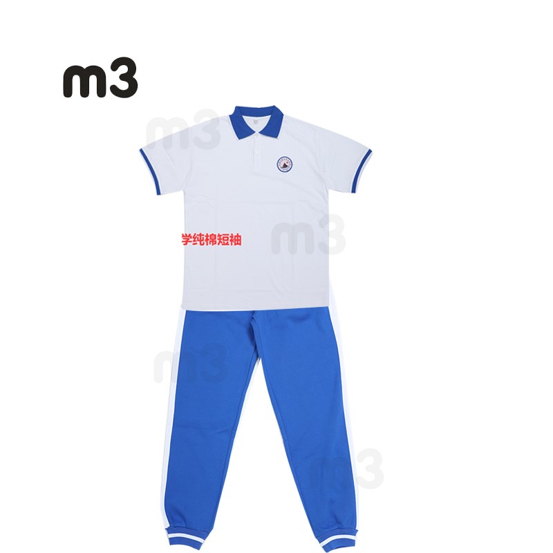 惠州市园洲中学生校服纯棉面料短袖翻领T恤白-条杠短裤男女通用