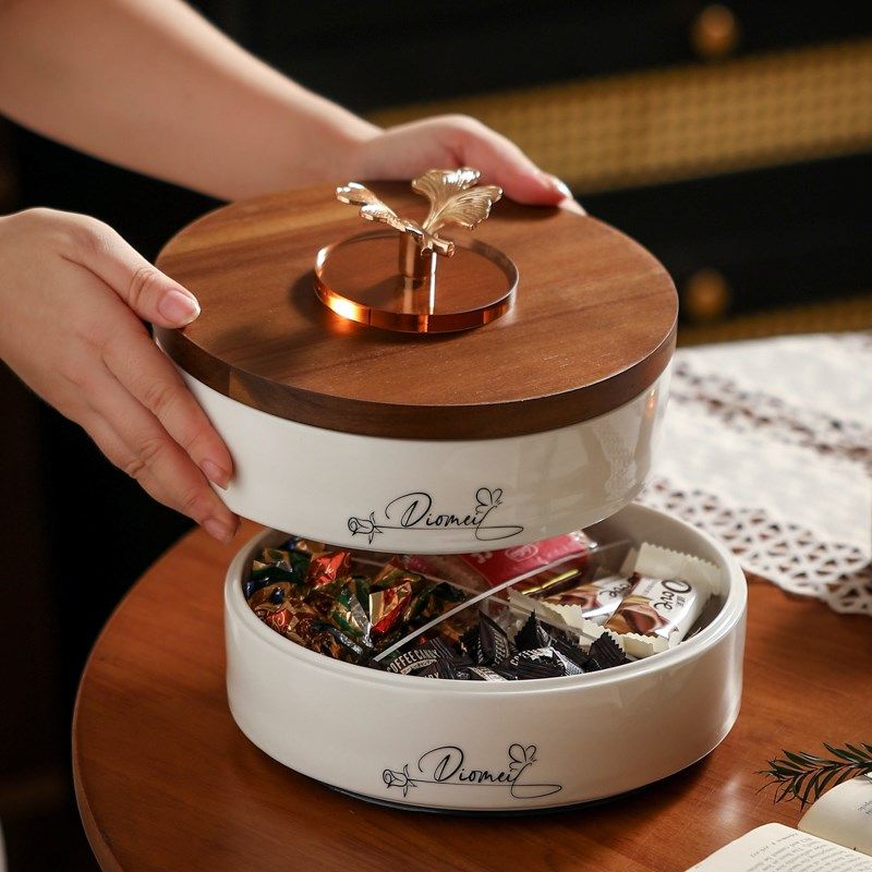 中古风多层双层干果盘客厅坚果盘带盖带分格过年用零食旋转收纳盒