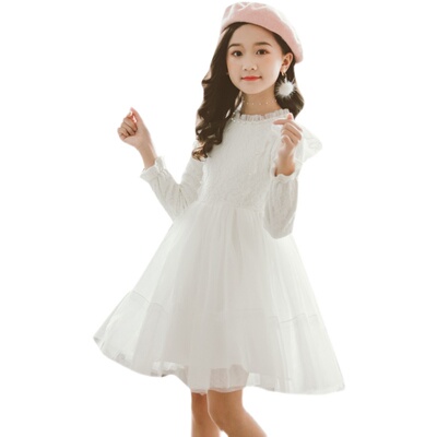 女童白色连衣裙儿童公主裙春秋冬裙子加绒小女孩婚纱裙装演出礼服