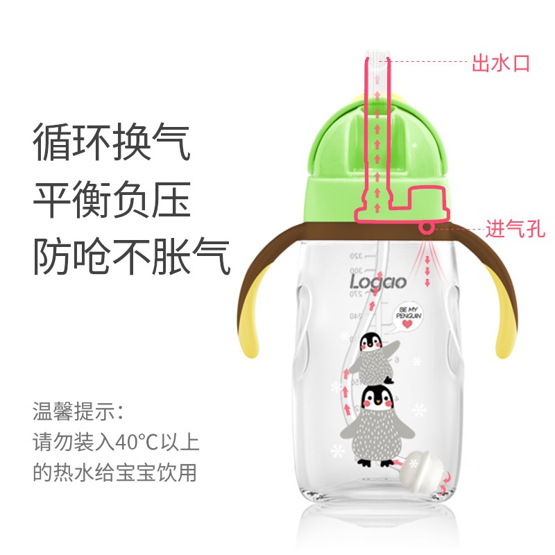 Logao企鹅吸管杯带手柄学饮杯儿童水杯PA环保杯身轻盈质感耐摔