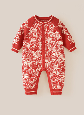 龙喜年春季新一周岁礼服男宝宝婴儿红毛衣连体生日抓周宴衣服高端