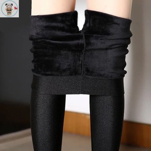 薄绒光面秋裤女打底裤女外穿黑色光泽裤加绒大码高腰胖mm长裤紧身