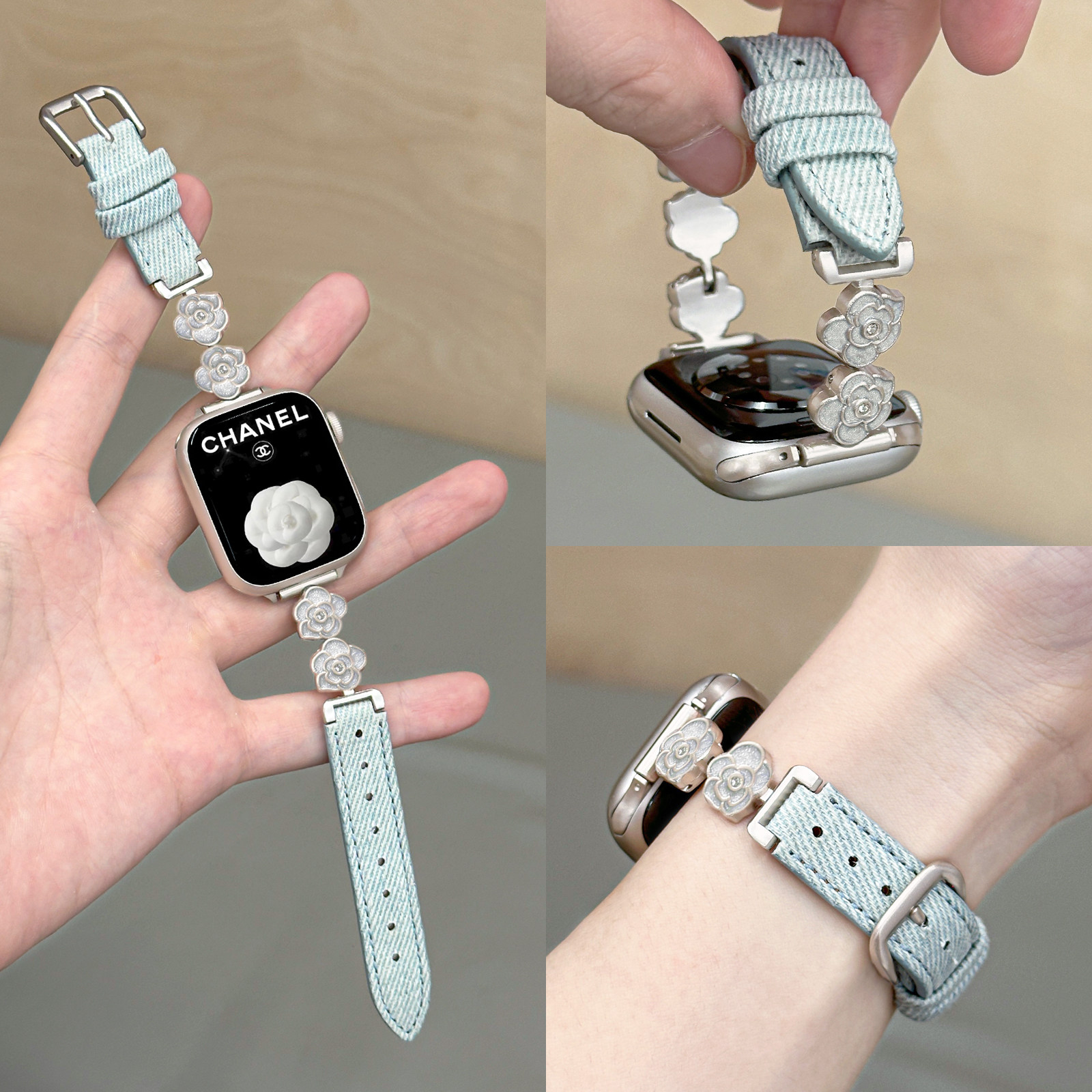 适用iWatch山茶花牛仔皮表带