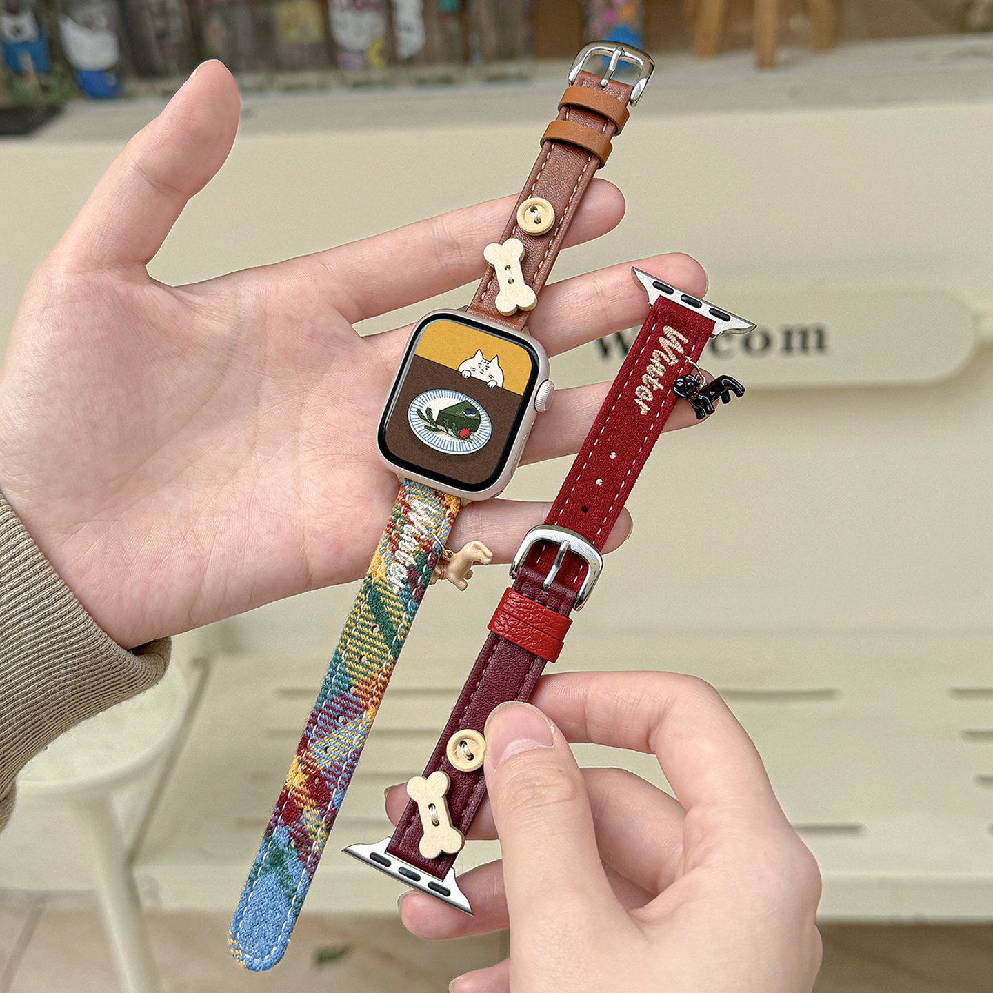 适用iWatch细款纽扣腊肠狗皮表带