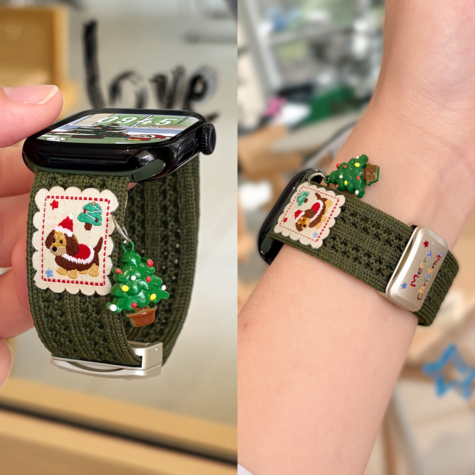 【圣诞限定】尼龙针织磁吸扣适用苹果手表S11applewatch表带立体挂饰透气编织iwatch10/9/8男女弹力运动腕带