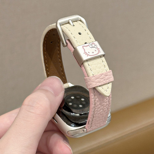 适用iWatchKT猫荔枝纹真皮表带细