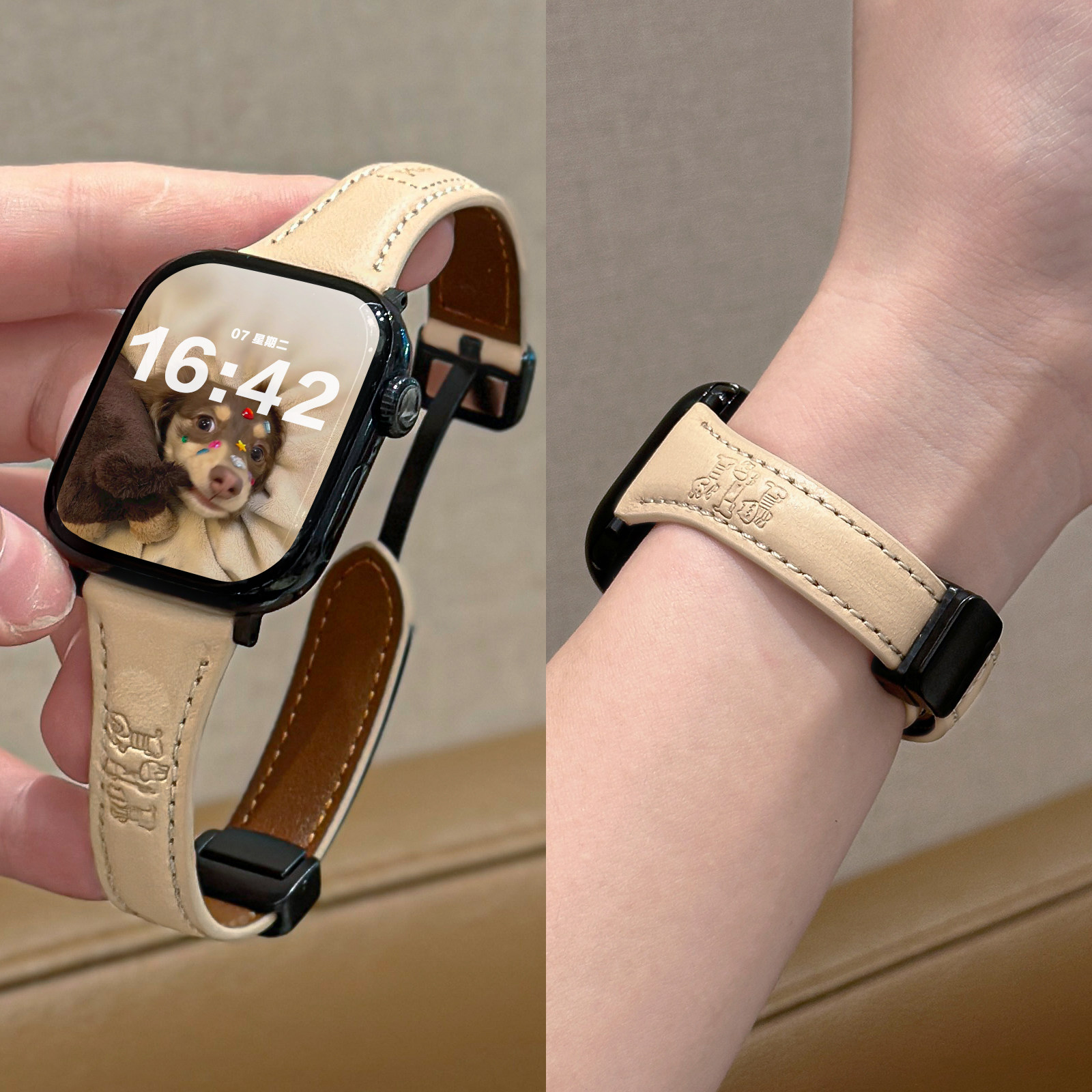 适用iWatch卡通小狗磁吸真皮表带图片