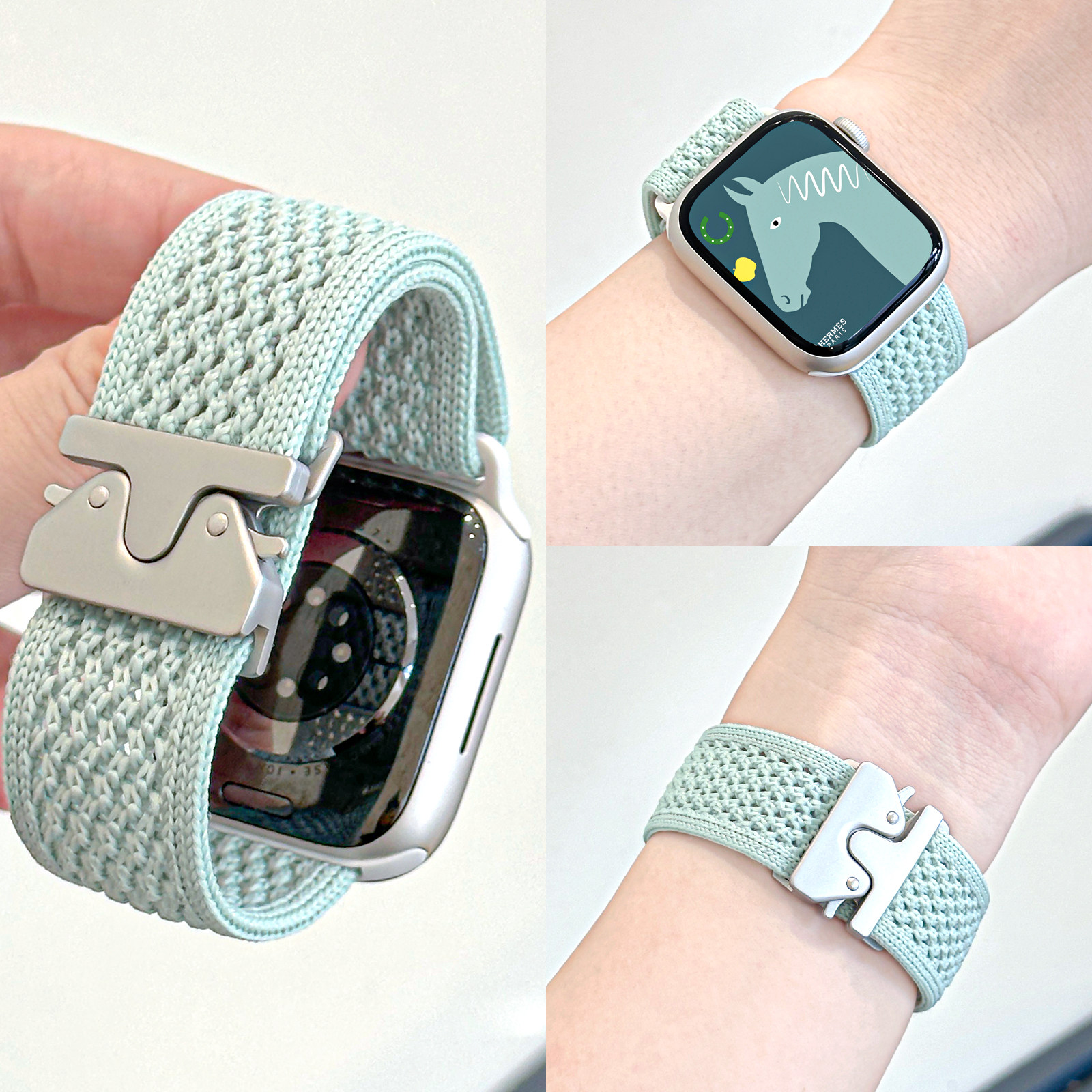 适用applewatchS10/11降落伞扣工装尼龙表带镂空透气iWatch9/8/7/6/se苹果手表Ultra男女针织弹力运动腕带夏