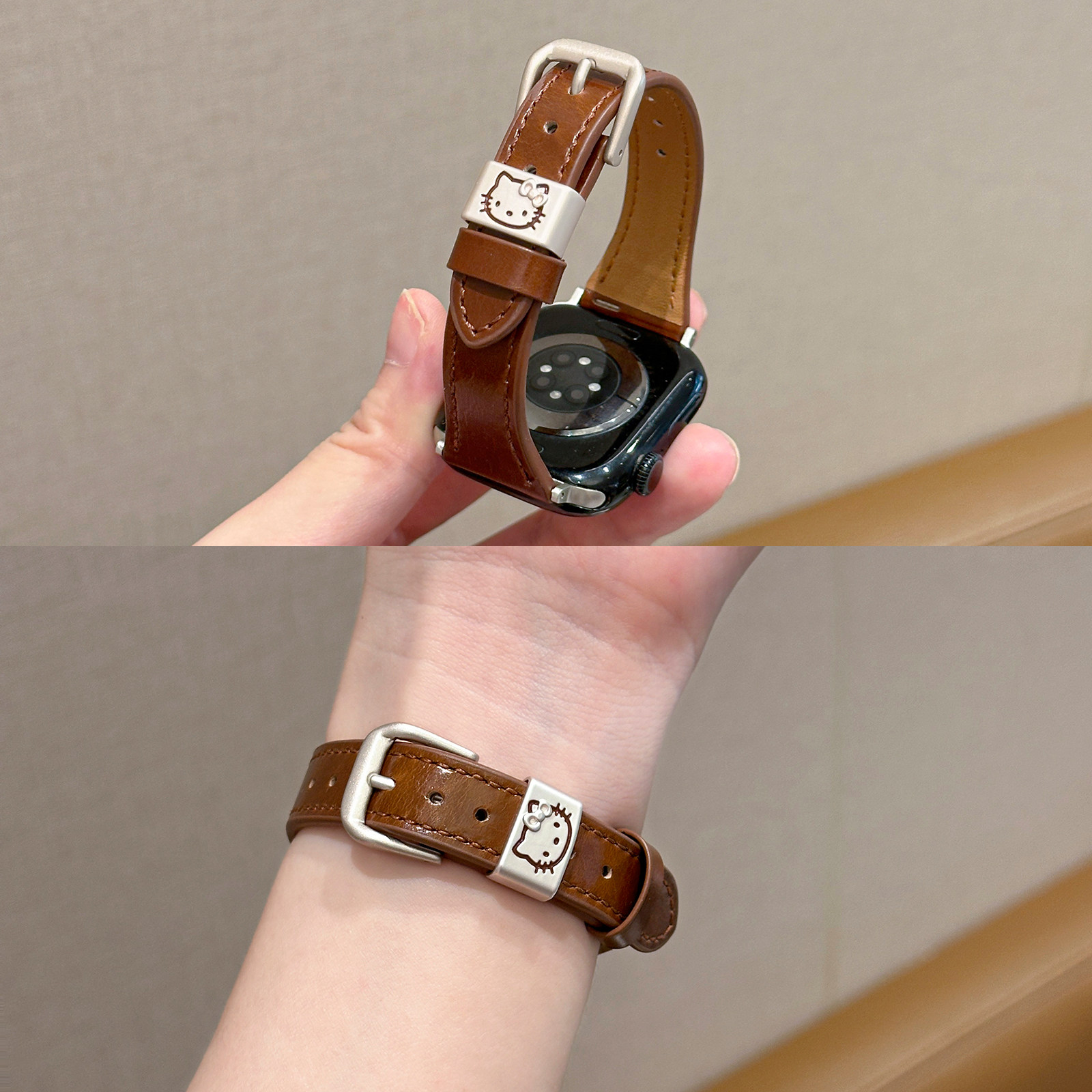 适用iwatch细款油蜡KT猫真皮表带
