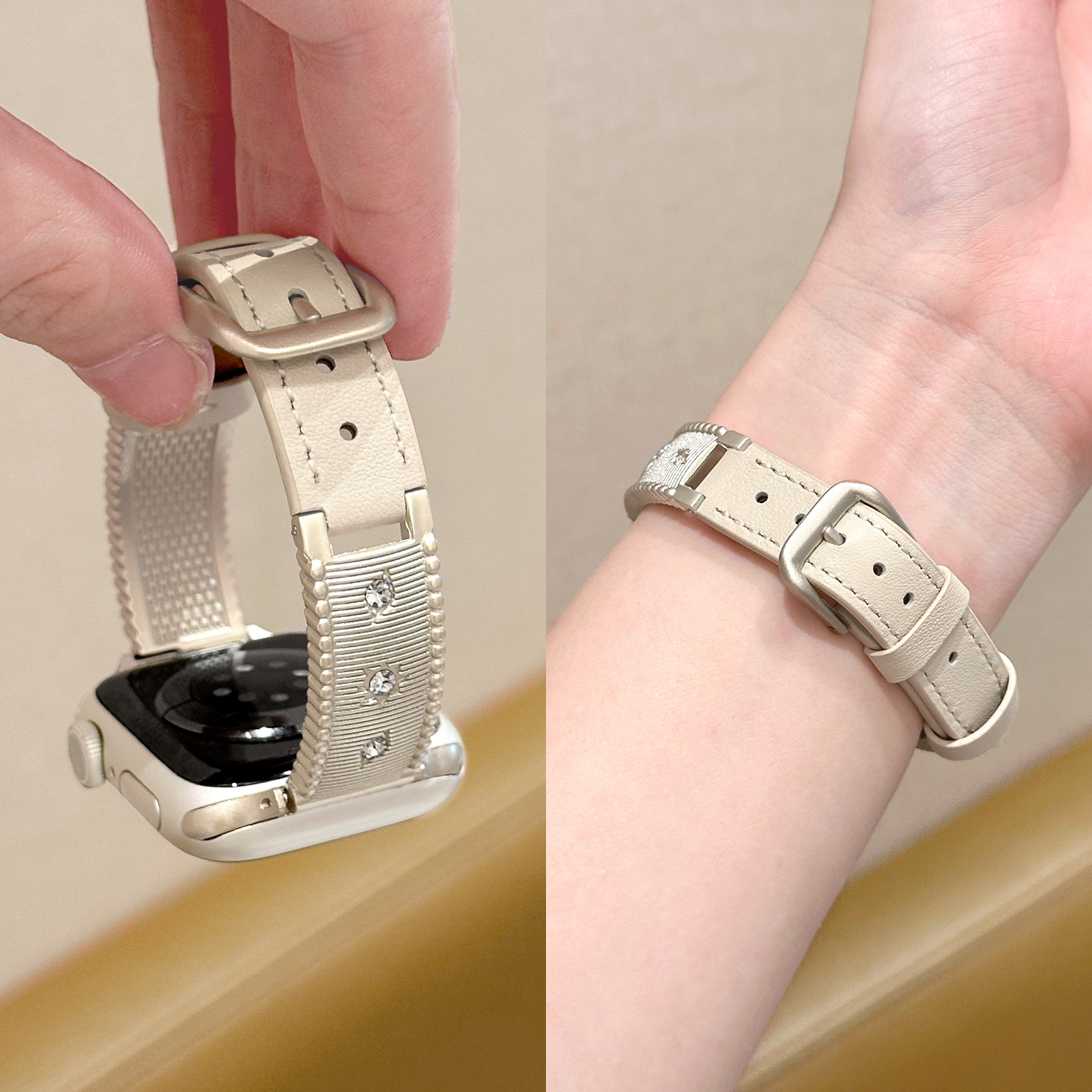 适用iwatch星芒手镯镶钻拼皮表带
