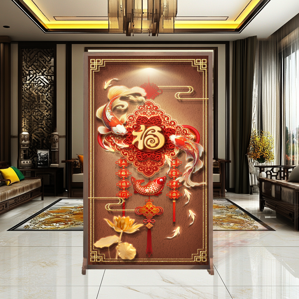 中式实木屏风客厅卧室玄关风水福字隔断2025新款可移动无甲醛屏风