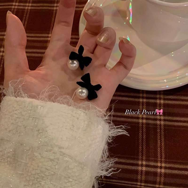 纯银耳钉珍珠黑丝绒蝴蝶结耳环2025新款耳饰女小众设计感高级感
