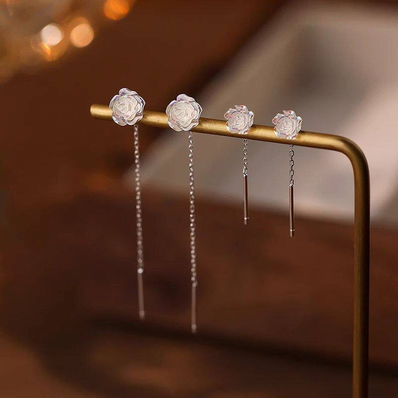炫彩玫瑰花耳线女耳环小众设计耳链短款养耳洞耳钉耳饰品简约百搭